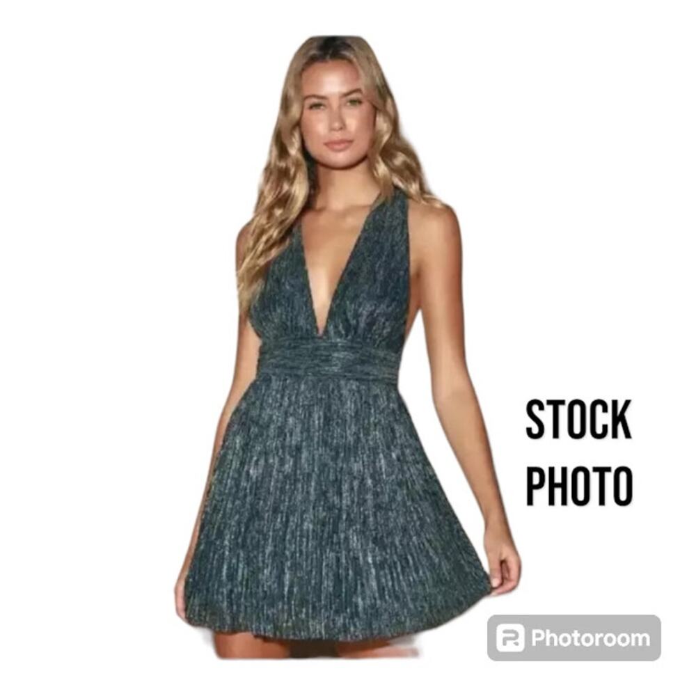 Lulu's Iridescent Teal Blue "Ailey Skater Dress" with Twisted Back Straps Size M